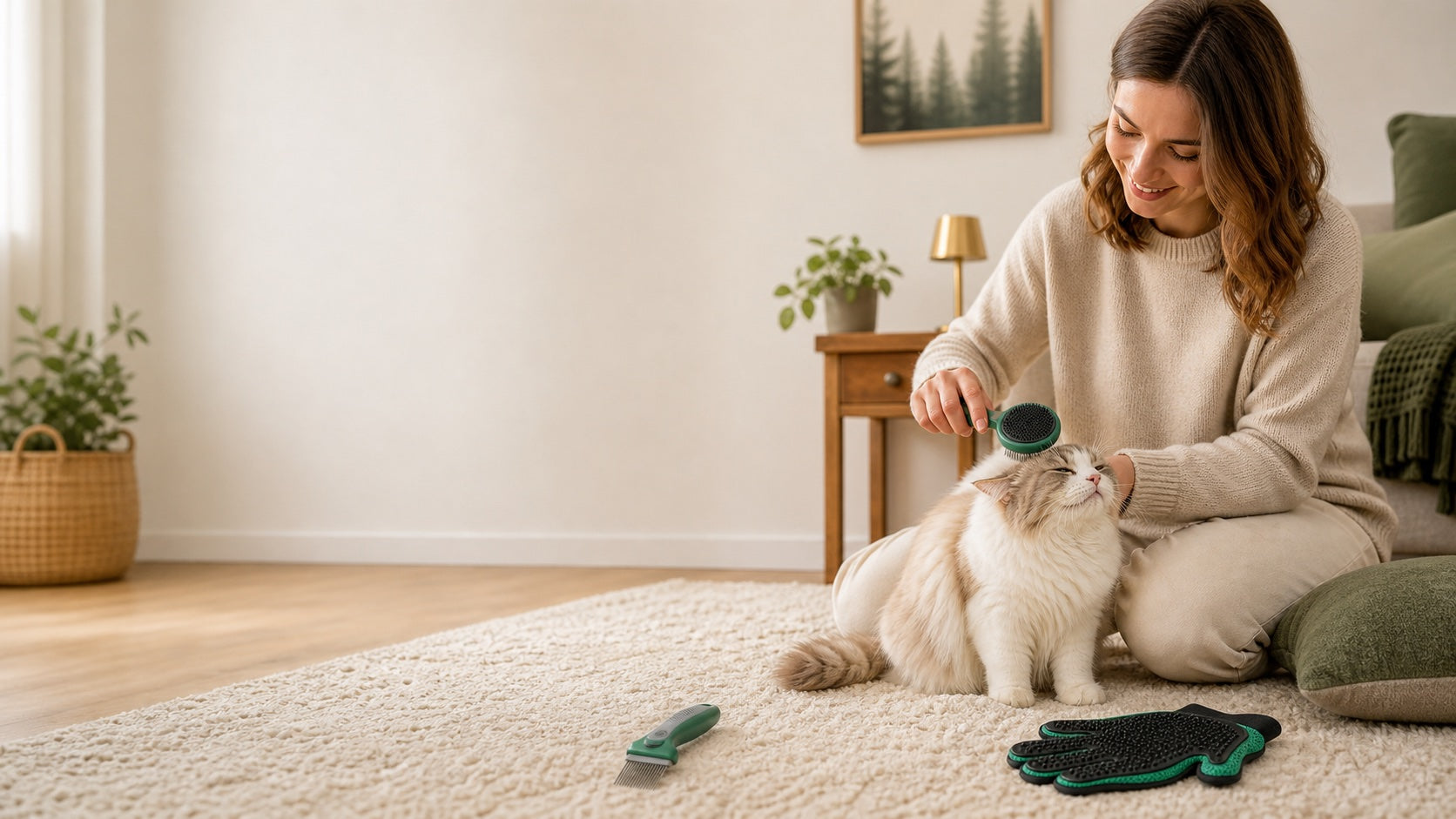 Relaxed cat being gently groomed with LUNIRO tools