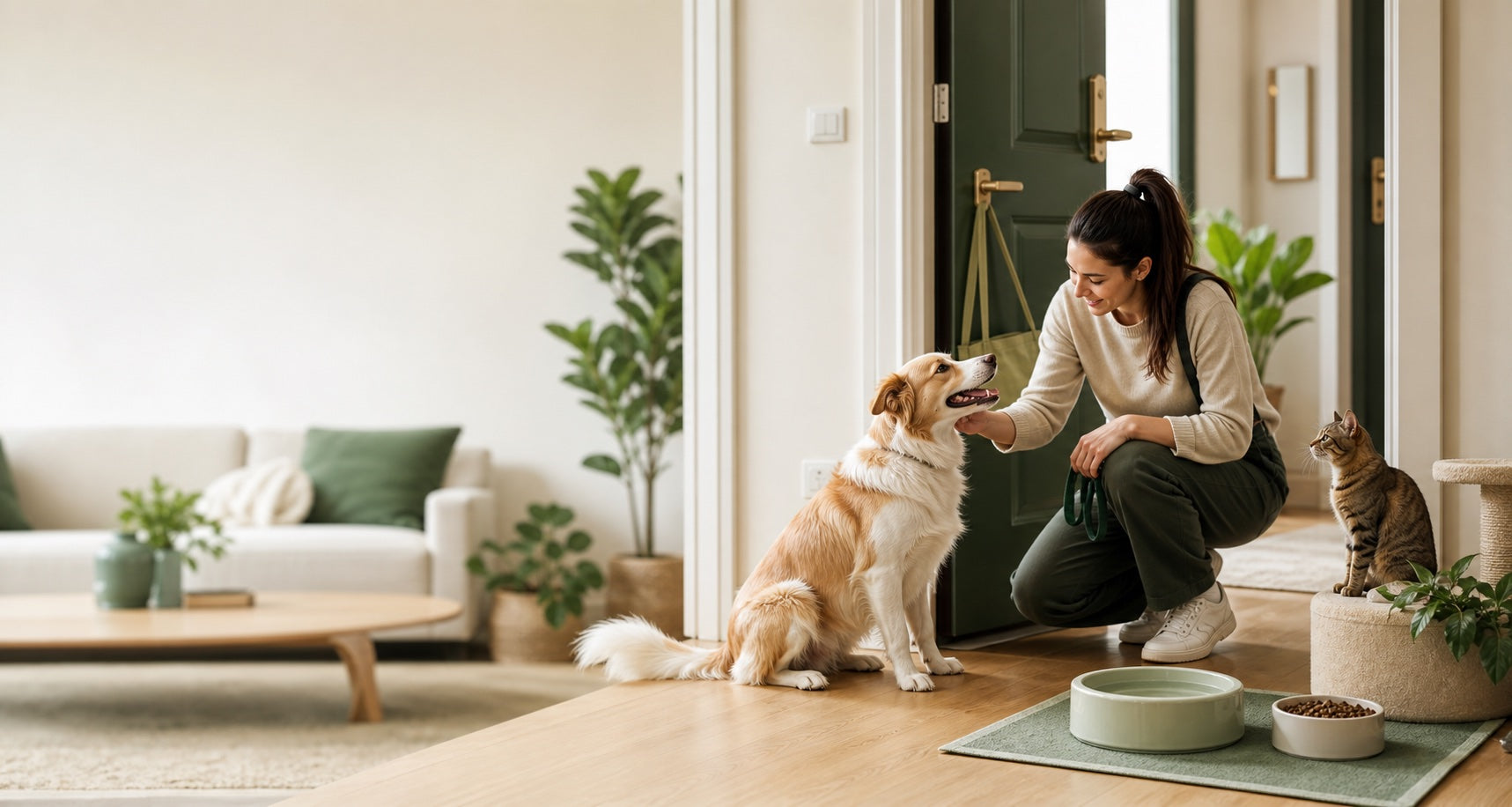 Home pet carer greeting a dog and cat in Dublin