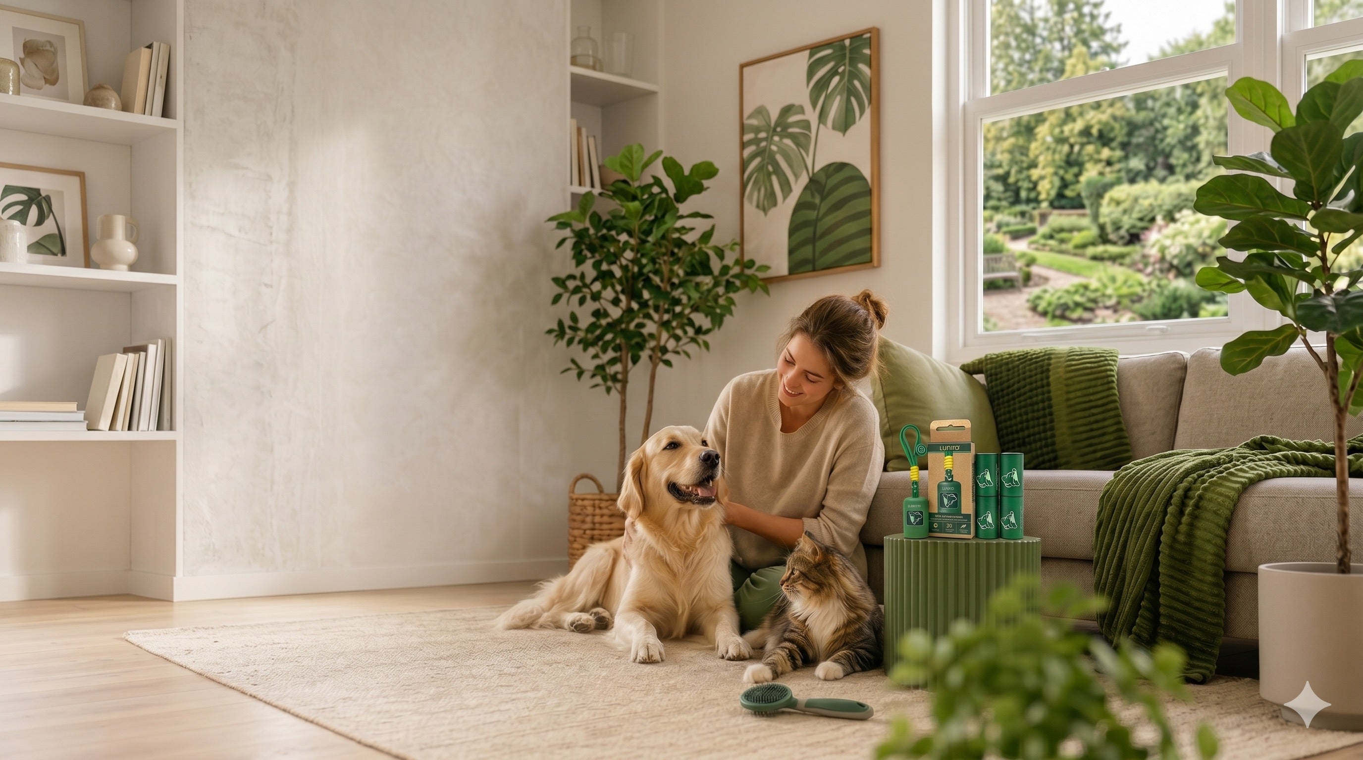 Owner relaxing at home with dog, cat, and LUNIRO pet care essentials