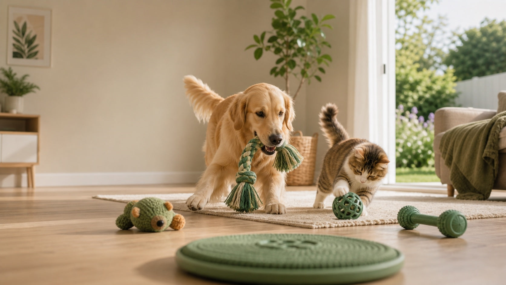 Happy dog and cat playing with enrichment toys