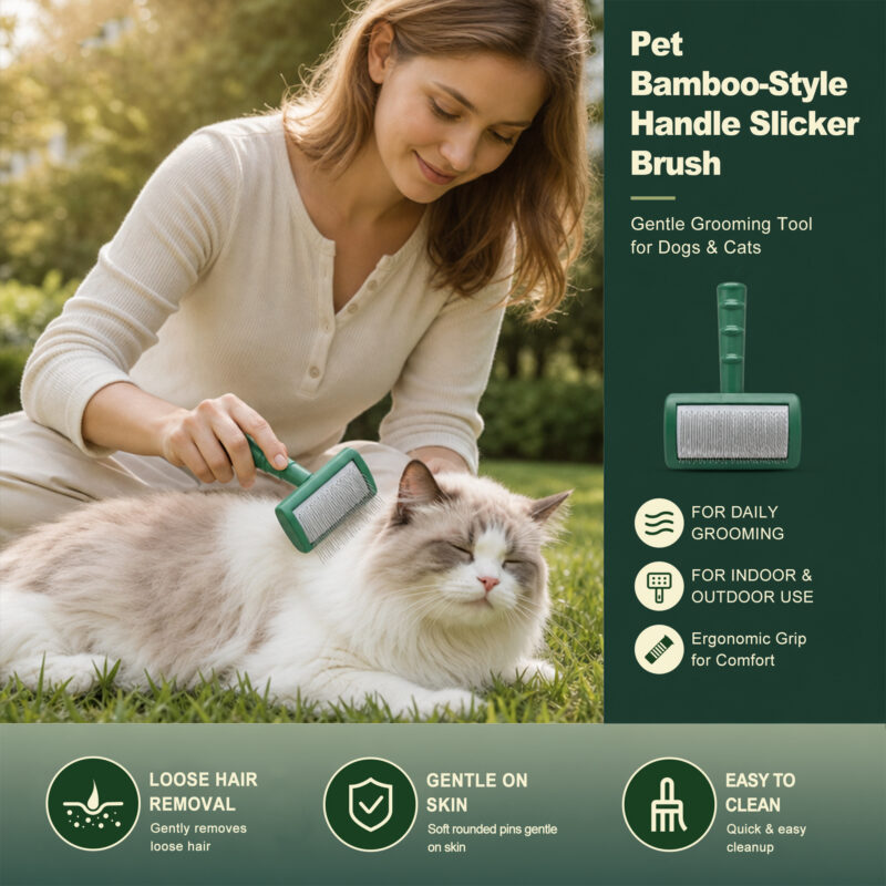 Bamboo-Style Self-Cleaning Grooming Brush for Pets