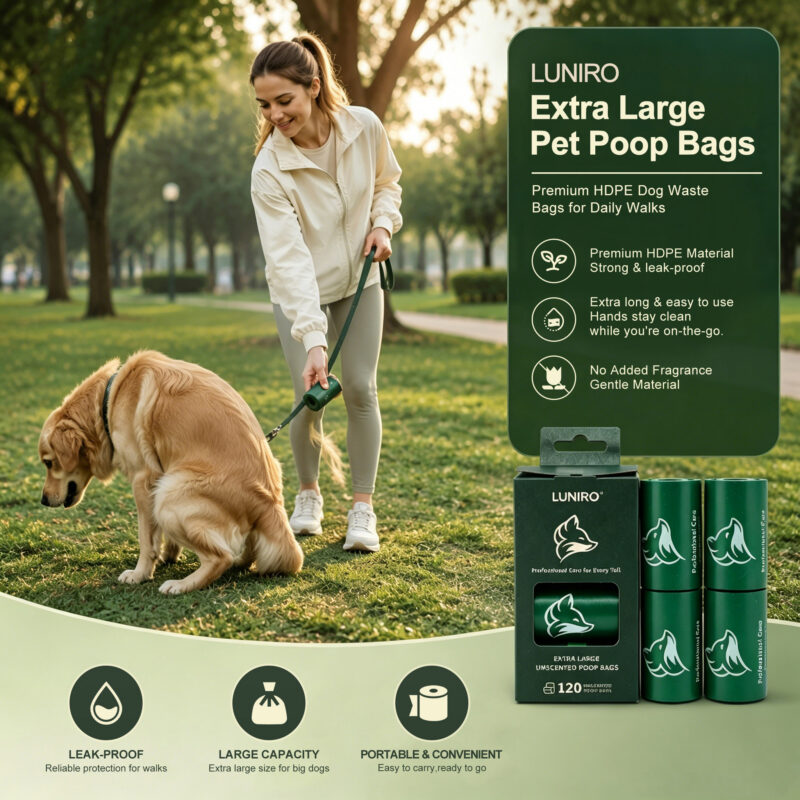 Disposable Pet Poop Bags, 120 Counts Per Box (8 Rolls × 15 Bags)