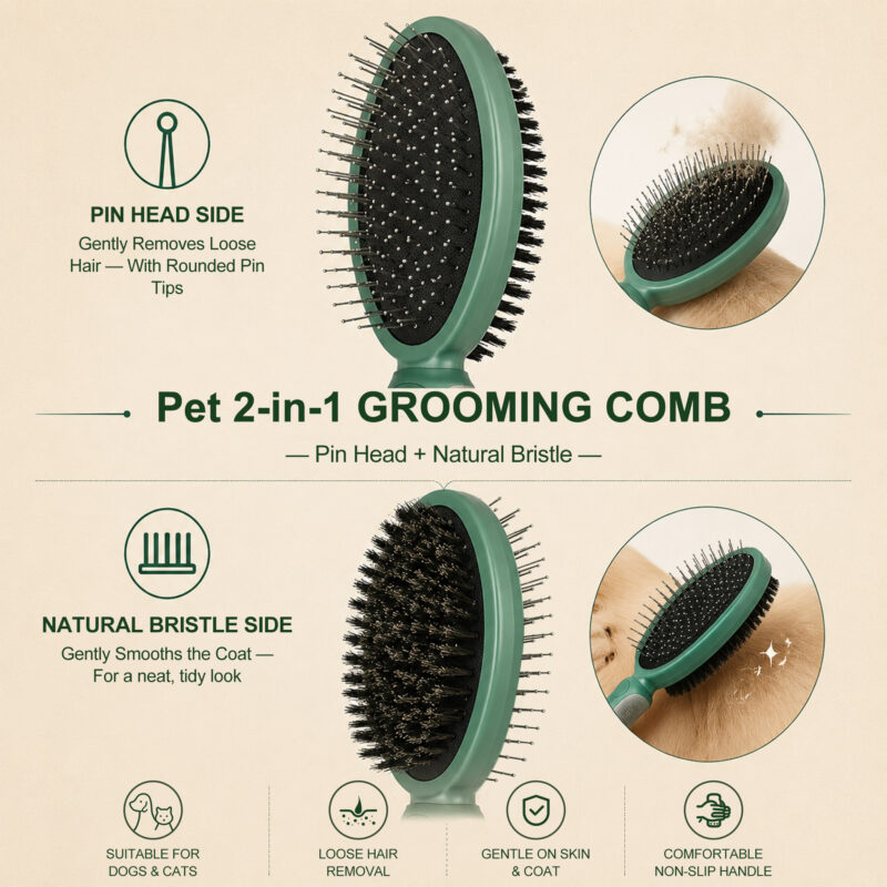 Olive Green Double-Sided Pet Grooming Brush