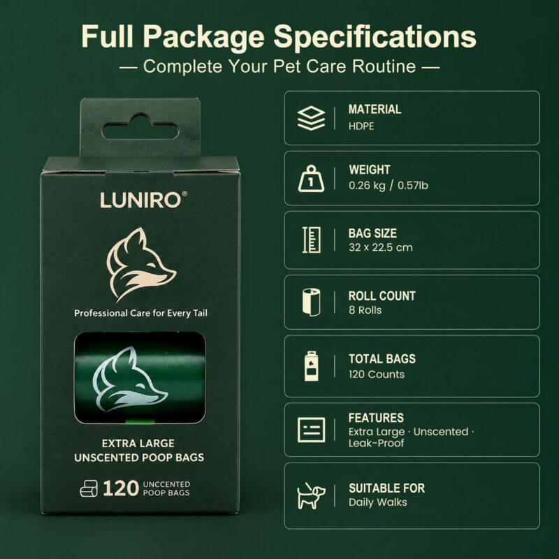 Disposable Pet Poop Bags, 120 Counts Per Box (8 Rolls × 15 Bags)